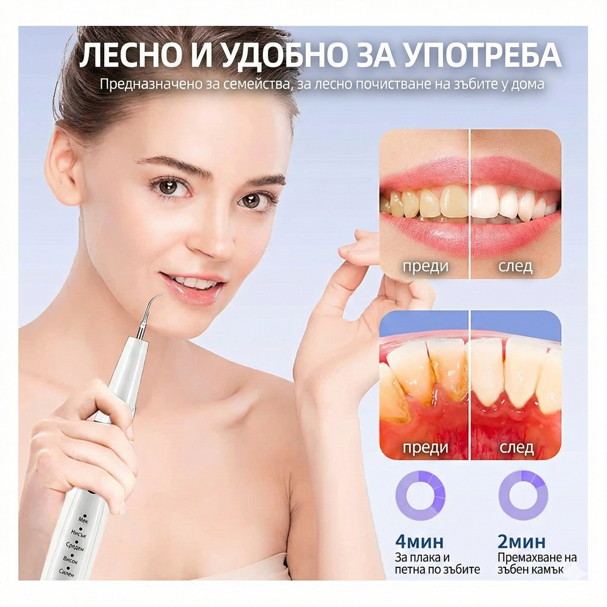 Електрически уред за премахване на зъбен камък и плака – 5 режима, LED светлина, акумулаторен и безопасен за венците